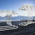 Modern Landscape Sculpture With Metal Curved Design And Mountain Background Circular Ground Decoration