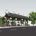 Roadside Bus Shelter Featuring Tiled Roof Information Boards Green Trees and Passenger Area