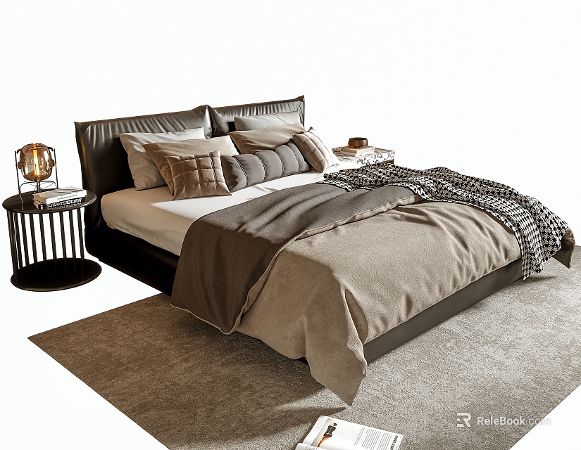 Modern Double Bed with Dark Headboard Beige Bedding Gray Blanket and Nightstand Lamp on Rug 3d model 
