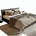 Modern Double Bed with Dark Headboard Beige Bedding Gray Blanket and Nightstand Lamp on Rug