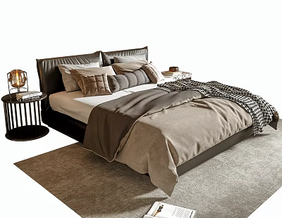 Modern Double Bed with Dark Headboard Beige Bedding Gray Blanket and Nightstand Lamp on Rug 3d model