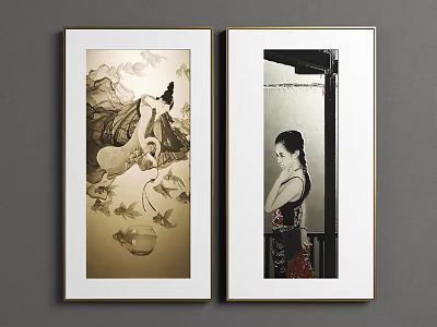 Traditional Black and White Framed Wall Art With Landscape Figure Fish and Woman Photograph 3d model
