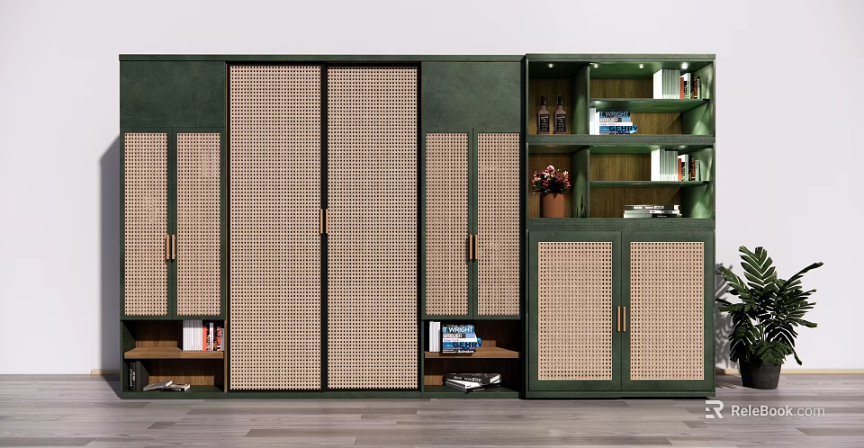 Modern Green Bookcase With Rattan Doors And Open Shelves Holding Books And Decorative Items 3d model 