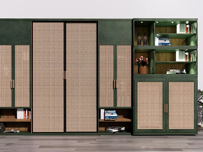 Modern Green Bookcase With Rattan Doors And Open Shelves Holding Books And Decorative Items 3d model