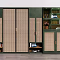 Modern Green Bookcase With Rattan Doors And Open Shelves Holding Books And Decorative Items