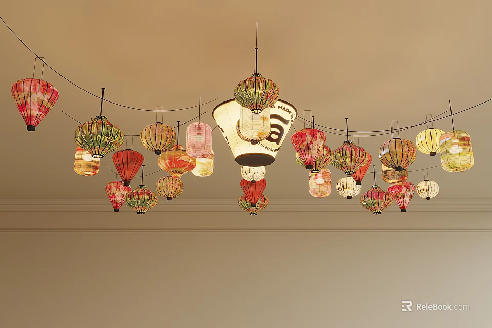 Colorful Paper Lantern Chandeliers Hanging From Ceiling With Various Colors And Styles 3d model 
