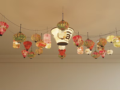 Colorful Paper Lantern Chandeliers Hanging From Ceiling With Various Colors And Styles 3d model