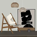 Modern Leisure Chair With Wooden Frame White Plush Seat Abstract Art And Woven Pendant Lights