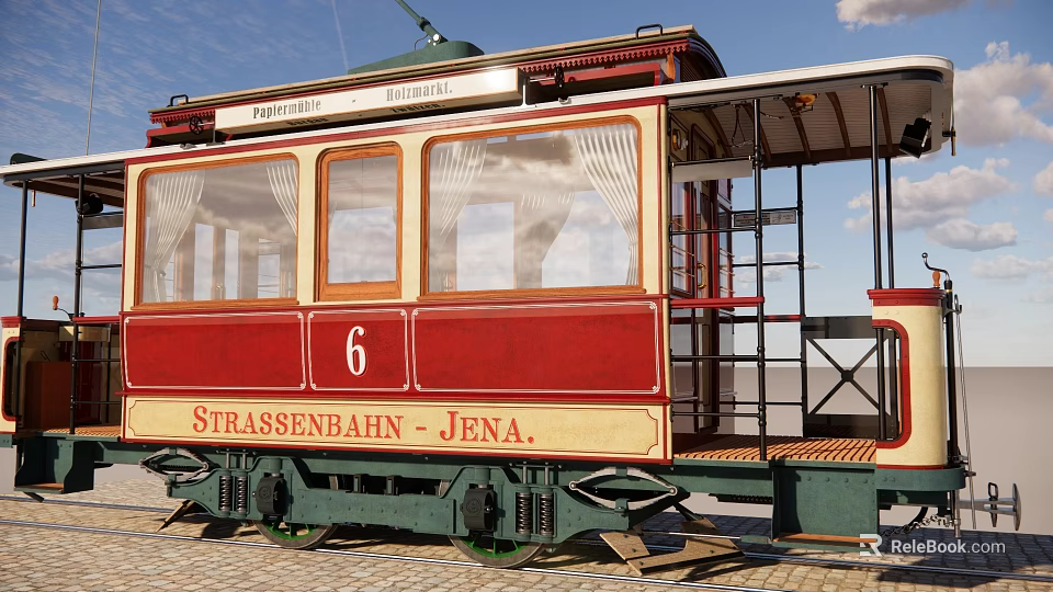 Red and Beige Tram Number 6 with White Curtains Green Undercarriage on Rail Tracks Jena 3d model 