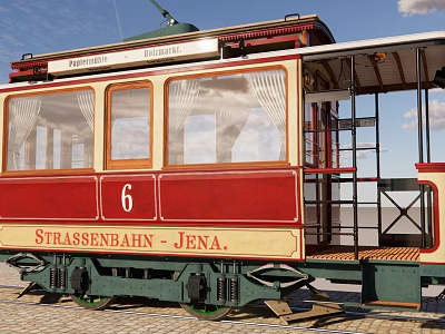 Red and Beige Tram Number 6 with White Curtains Green Undercarriage on Rail Tracks Jena 3d model