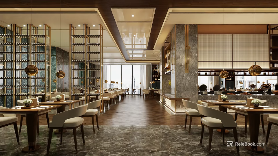 Modern Elegant Restaurant Interior With Dining Tables Chairs Wine Racks Marble Floor And Lighting 3d model 
