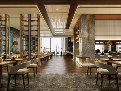 Modern Elegant Restaurant Interior With Dining Tables Chairs Wine Racks Marble Floor And Lighting 3d model
