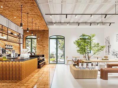 Modern Café Interior With Brick Wall Counter Coffee Machines Hanging Lights And Green Plant 3d model