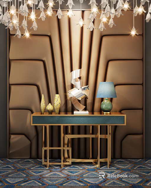 Elegant Console Table With Leather Panel Wall Modern Sculptures Blue Lamp And Gold Frame 3d model 
