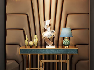 Elegant Console Table With Leather Panel Wall Modern Sculptures Blue Lamp And Gold Frame 3d model