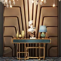 Elegant Console Table With Leather Panel Wall Modern Sculptures Blue Lamp And Gold Frame