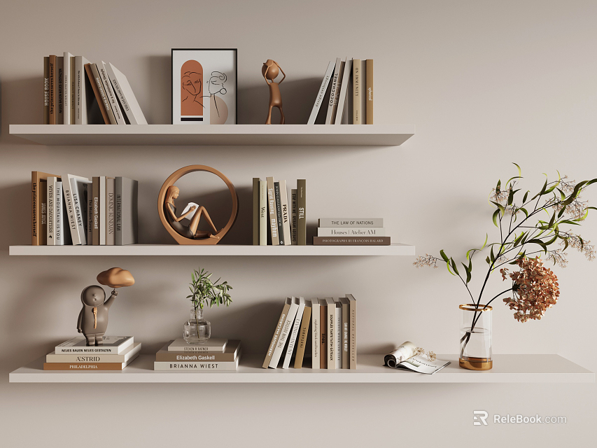 Minimalist Decorative Items Arrangement On Shelves With Books Sculptures Plant Vase And Frame 3d model 