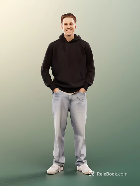 Man Wearing Black Hoodie Light Blue Jeans with Hands in Pockets Gradient Green Background 3d model