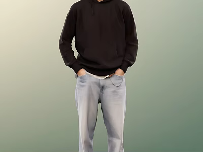 Man Wearing Black Hoodie Light Blue Jeans with Hands in Pockets Gradient Green Background 3d model