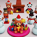 Teddy Bears And Panda Wearing Santa Hats With Christmas Gifts Snowmen And Fireplace