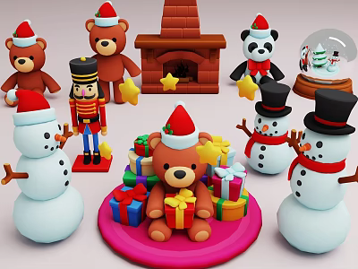 Teddy Bears And Panda Wearing Santa Hats With Christmas Gifts Snowmen And Fireplace 3d model