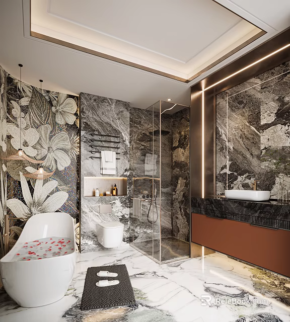 Luxurious Modern Bathroom Interior With Marble Walls Bathtub Shower Area Mirror And Floral Patterns 3d model 