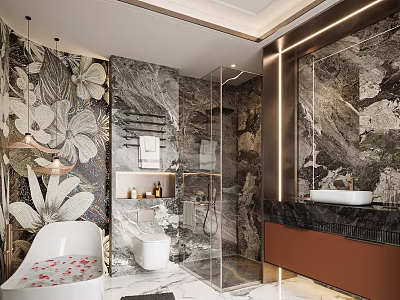 Luxurious Modern Bathroom Interior With Marble Walls Bathtub Shower Area Mirror And Floral Patterns 3d model
