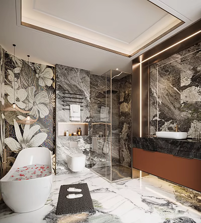 Luxurious Modern Bathroom Interior With Marble Walls Bathtub Shower Area Mirror And Floral Patterns 3d model