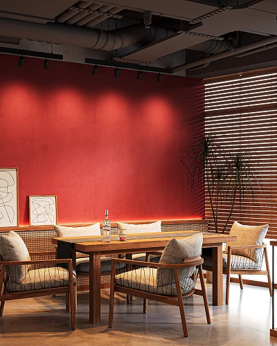 Cozy Bar Interior With Red Wall Wooden Furniture Rattan Chairs And Green Plant 3d model