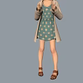 Cartoon Girl Character With Brown Short Hair Blue Polka Dot Dress Beige Cardigan Brown Sandals