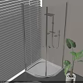 Modern Shower Head in Transparent Glass Shower Enclosure with Potted Plant and Window Blinds