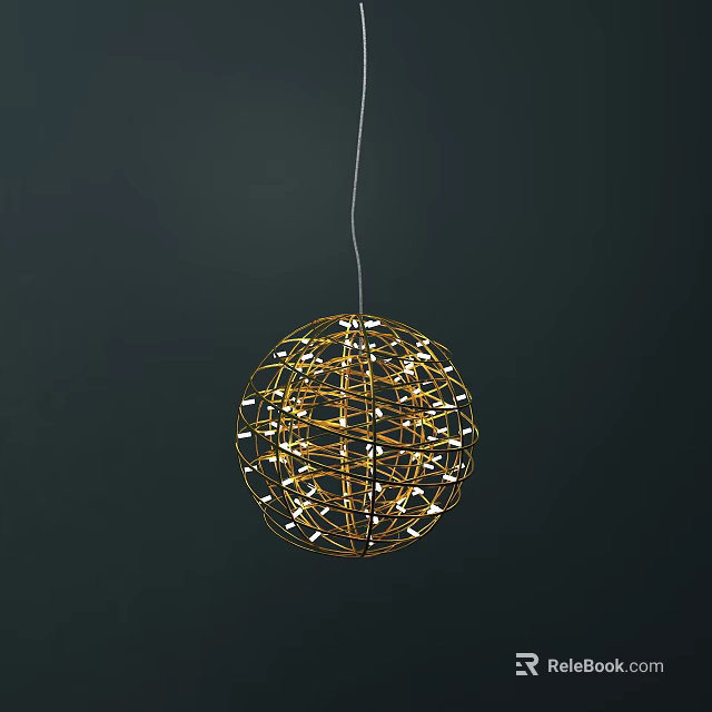 Golden Spherical Chandelier With Intricate Wire Frame And LED Lights On Dark Background 3d model 
