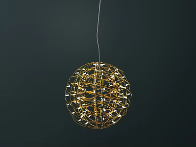 Golden Spherical Chandelier With Intricate Wire Frame And LED Lights On Dark Background 3d model