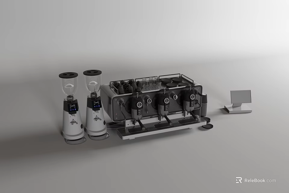 Modern Kitchen Appliances With Coffee Machine Grinders And Digital Display Panel 3d model