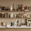 Minimalist Decorative Ornament Combination With Ceramic Vases Books Art Frames And Sculptures On Shelves
