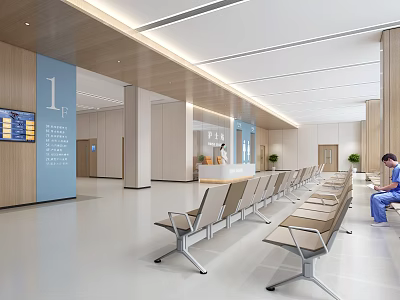 Modern Hospital Outpatient Clinic Waiting Area With Seats Signage And Patient Seated 3d model