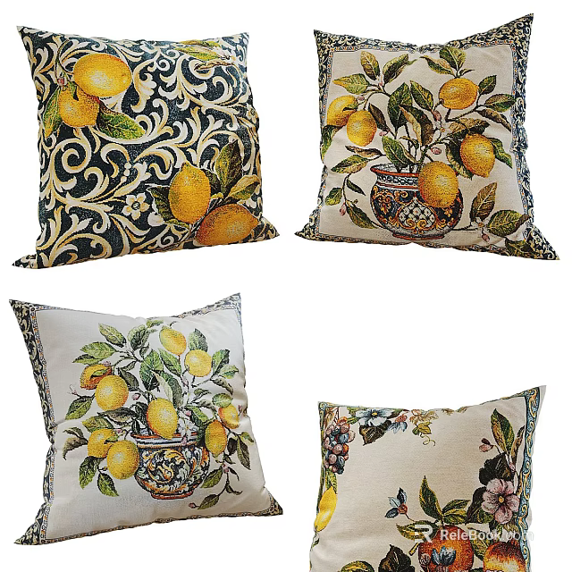 Decorative Pillows with Lemon and Floral Patterns Green Leaves Vibrant Botanical Designs for Home Decor 3d model 