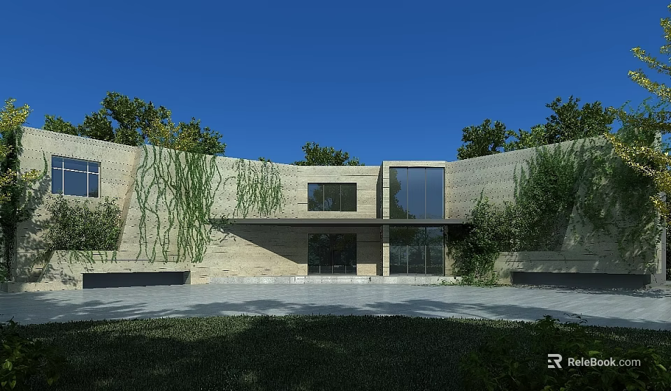 Modern Museum Building With Stone Walls Climbing Vines And Large Glass Windows 3d model 