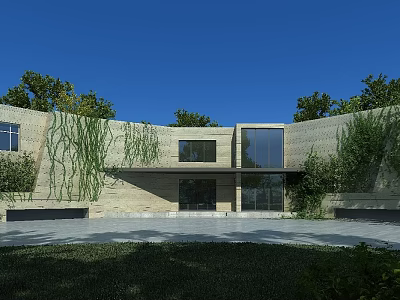 Modern Museum Building With Stone Walls Climbing Vines And Large Glass Windows 3d model
