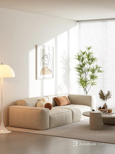 Beige Two Seater Sofa With Cushions Floor Lamp Minimalist Line Art Sunlight And Green Plant In Modern Room With Window Blinds 3d model 