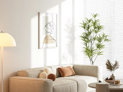 Beige Two Seater Sofa With Cushions Floor Lamp Minimalist Line Art Sunlight And Green Plant In Modern Room With Window Blinds 3d model