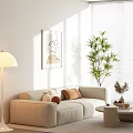 Beige Two Seater Sofa With Cushions Floor Lamp Minimalist Line Art Sunlight And Green Plant In Modern Room With Window Blinds