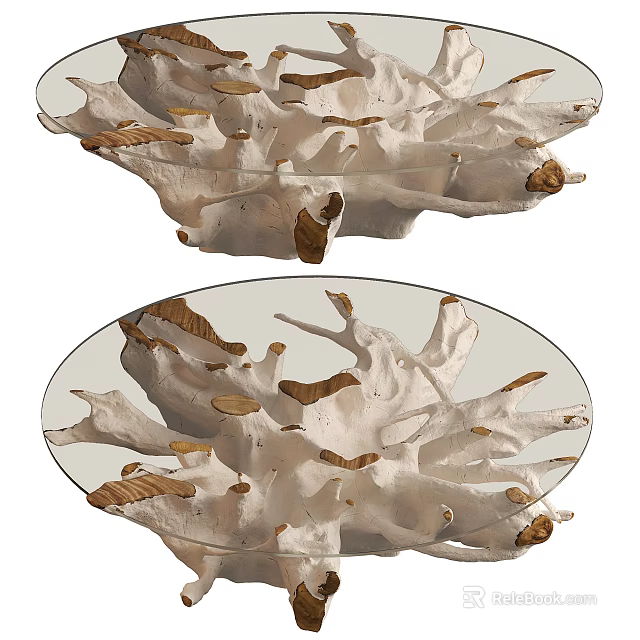 Unique Coffee Table With Transparent Glass Top White Branch Base And Wooden Accents 3d model 