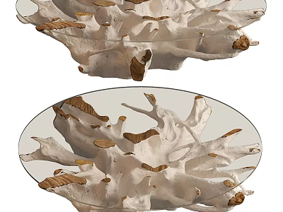 Unique Coffee Table With Transparent Glass Top White Branch Base And Wooden Accents 3d model