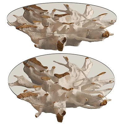 Unique Coffee Table With Transparent Glass Top White Branch Base And Wooden Accents 3d model