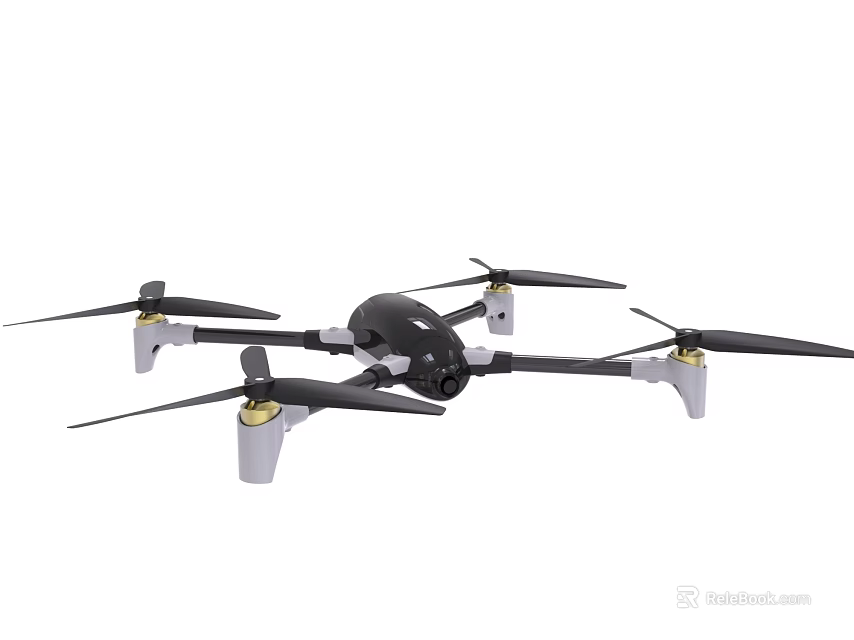 Smart Drone with Four Propellers Black Body Gray Landing Gear and Gold Accents 3d model 