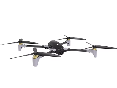 Smart Drone with Four Propellers Black Body Gray Landing Gear and Gold Accents 3d model