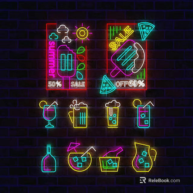Neon Decorative Lights On Brick Wall With Summer Sale And Drink Icons 3d model 