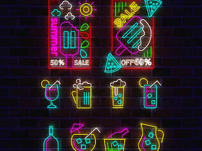 Neon Decorative Lights On Brick Wall With Summer Sale And Drink Icons 3d model
