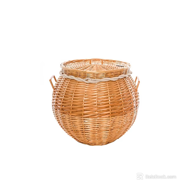 Natural Wicker Round Table With Lid And Handles For Home Storage Decor 3d model 